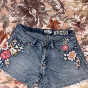 Indigo Rein Blue Jean Shorts with Floral Embroidery